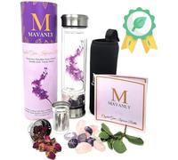 Orchid Double-Walled Glass Water Bottle with Crystals Inside Eco-Friendly Crystal Gifts for Women, Large Rose Quartz White Crystal and Amethyst, For Hot and Cold Drinks, Loose Leaf Tea Infuser