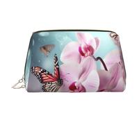Orchid Flower Butterfly Soft Fresh Spring Makeup Bag for Women Cosmetic Bags Leather Travel Makeup Case Organizer Waterproof Make up Pouch Open Flat Toiletry Bag Portable Storage Pouch for Travelling