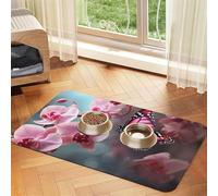 Orchid Flower Butterfly Soft Fresh Spring Pet Feeding Mat Absorbent Pu Leather Dog Cat Food Mats Contain Spills Protects Floors, Anti-Slip Rubber Backing Dog Bowl Mats Easy Clean Pet Placemats 30x45cm
