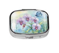 Orchid Flower Butterfly Soft Fresh Spring Print Square Metal Pill Box Decorative Pill Case - Carry Your Meds in Style (Rectangular)