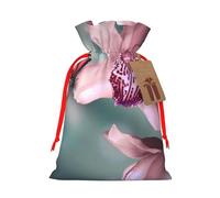 Orchid Flower Butterfly Soft Fresh Spring Printed Christmas Drawstring Bags with Red Ribbon - Reusable Burlap Drawstring Gift Pouches, M