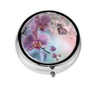 Orchid Flower Butterfly Soft Fresh Spring Printed Round Pill Organizer with 3 Compartments, Portable Mini Pill Box Pill Case for Medicine, Vitamin, Fish Oil, Supplements