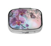 Orchid Flower Butterfly Soft Fresh Spring Printed Square Pill Organizer with 2 Compartments, Portable Mini Pill Box Pill Case for Medicine, Vitamin, Fish Oil, Supplements