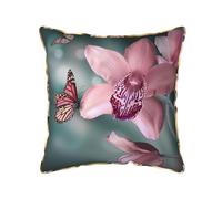 Orchid Flower Butterfly Soft Fresh Spring Printed Velvet Cushion Cover 40x40 CM with Gold Edging Strip, Square Pillowcase Soft Throw Pillow Covers Case Decorative for Living Room Sofa Couch Bed Bench