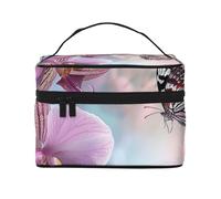 Orchid Flower Butterfly Soft Fresh Spring Printing Makeup Bag for Women Portable Travel Cosmetic Case Make Up Organizer Bag Beauty Box with Inner Pouch and Handle