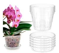 Orchid Pot, 5 Pcs Plastic Plant Pots with Holes and Saucer, Clear Flower Plant Pot for Dendrobium, Phalaenopsis, Peace Lily and Gardenia, Slotted Orchids Planter for Living room, Office and Garden (L)