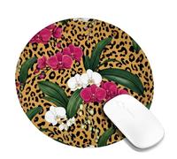 Orchid Small Mouse Pad, Tropical Bold Leaves Leopard Print Summer Peach Round Rubber Washable Aesthetic Desk Mousepads Accessories for Office Home Computer Laptop Round 8x8 Inch