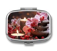 Orchid Stone Red Candles Pill Box with 2 Compartments Portable Metal Medicine Organizer for Pocket Purse and Travel Compact Pill Case and Fish Oil Vitamins Supplements