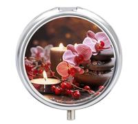 Orchid Stone Red Candles Pill Organizer 3 Compartments, Round Small Pill Box for Purse & Pocket, Portable Daily Medicine Box to Hold Vitamins, Supplements, Pills, Fish Oil