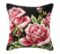 Orchidea Large Cross Stitch Cushion Kit, Roses on Black Background, 40 x 40cm