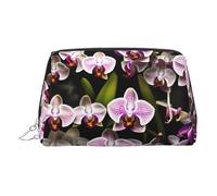 Orchids Print Premium Leather Toiletry Travel Pouch with Waterproof Portable Pouch Open Flat Makeup Bag