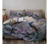 Orchids Rocks Peacocks Duvet Cover Set Single 135x200cm, Traditional Chinese Art, Reversible Soft Microfibre Bedding Set with 1 Pillowcase, Breathable and Lightweight, Zipper Closure