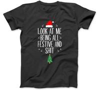 OrcoW Look at Me Being All Festive and Shits Funny Xmas∕Christmas T-Shirt 100% Cotton Graphic Tee Shirts for Men Women (Black,XXL)