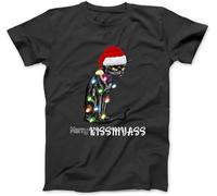 OrcoW Merry KissMyAss Funny Cat Christmas Lights T-Shirt 100% Cotton Graphic Tee Shirts for Men Women Kids Black (Black,XXL)