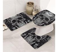 OrcoW Skull Skeleton Print Bath Mat Set 3 Piece Non-Slip Absorbent Bathroom Rug Toilet Seat Lid Cover U Shaped Toilet Contour Mat For Toilet Bathroom Decorations
