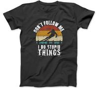 OrcoW Vintage Dont Follow me I do Stupid Things Cool Skiing Gift T-Shir 100% Cotton Graphic Tee Shirts for Men Women Black (XL,Black)
