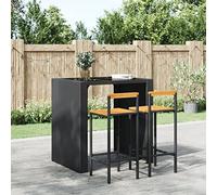 Ordellia 2 Bar Stools Black Poly Rattan and Solid Acacia Wood with Footrest 40 x 44 x 100 cm for Kitchen, Counter, Bistro and Indoor or Outdoor Use