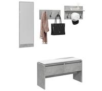 Ordellia 4-Piece Wardrobe Set Concrete Grey Made of Wood Material for Hallway and Entrance Area, Shoe Bench with Drawers, Mirror, 6 Hooks, Space-Saving Storage