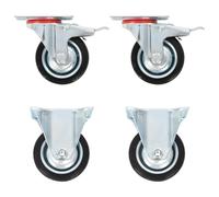 Ordellia 4 x 75 mm Rubber and Iron Zinc Coated Castors, 2 Fixed Castors, 2 Swivel Castors with Double Brakes, 50 kg per Castor for Workbench, Trolley, Platform Trolley and Furniture