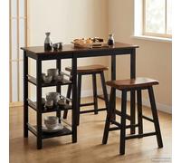 Ordellia Bar Set of 3 Black MDF and Rubber Tree Dining Set with Table and 2 Stools 108 x 48 x 90.8 cm Shelves for Dining Room Kitchen Living Room Easy Final Assembly
