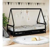 Ordellia Children's Bed with Drawers, Black, 90 x 200 cm, Solid Pine Wood, Children's Bed and Junior Bed with Storage Space, Slatted Frame, House Bed Design for Children's Room, Bed Frame for Resting
