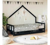 Ordellia Children's Bed with Drawers, Black, 90 x 200 cm, Solid Pine Wood, Children's Bed Frame with Storage Space, Slatted Frame and House Bed Design for Children's Room, Grows with Your Child and