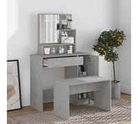 Ordellia Dressing Table Set Concrete Grey with Stool, 86.5 x 35 x 136 cm, with Mirror, Drawer and LED Lighting, Storage Space for Bedroom, Dressing Table, Cosmetic Table