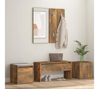 Ordellia Hallway Bench with Mirror Coat Rack Set Smoked Oak Wood Material Bench and Drawer Box with Storage Space Shoe Bench for Entrance Area Seat up to 110 kg Plant Box Decoration