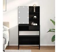 Ordellia LED Dressing Table Set, Black Oak Look, Made of Wood Material with Acrylic Mirror, Drawer, 2 Shelves, USB Lighting, Stool, 74.5 x 40 x 141 cm for Bedroom and Dressing Room