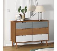 Ordellia MOLDE Brown Solid Pine Wood Drawer Cabinet with UV Coating 113 x 40 x 80 cm 6 Drawers for Hallway Living Room Bedroom Office with Wall Mount