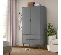 Ordellia MOLDE Wardrobe, Grey, 90 x 55 x 175 cm, Made of Solid Pine Wood with UV Painting, 2 Drawers, Clothes Rail and Shelf for Bedroom, Hallway and Dressing Room