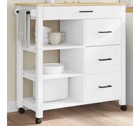 Ordellia Monza Kitchen Trolley Solid Pine 84 x 40 x 88.5 cm White and Wax Brown with 4 Drawers 3 Shelves Wheels and Storage Space for Kitchen, Living Room, Bathroom and Study