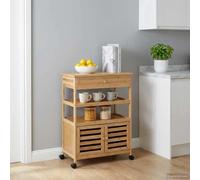 Ordellia Natural Bamboo Kitchen Trolley with Wheels, 59.5 x 36 x 82 cm, Serving Trolley with Lockable Wheels, Storage Space, Slat Door, 75 kg Load Capacity for Kitchen, Dining and Cooking