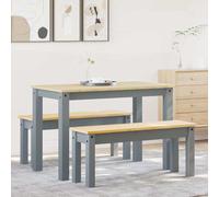 Ordellia Panama 3-Piece Dining Set Grey Solid Pine Wood with Honey Wax Finish, Dining Table 117 x 60 x 75 cm, 2 Benches 105 x 30 x 45 cm, for Kitchen, Dining Room, Living Room
