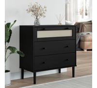 Ordellia SENJA Black Rattan Look Pine Chest of Drawers 80 x 40 x 80 cm UV Lacquer 3 Drawers for Hallway, Living Room, Bedroom, Storage and Storage