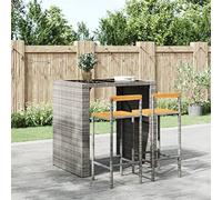 Ordellia Set of 2 Grey Poly Rattan and Solid Acacia Wood Bar Stools 40 x 44 x 100 cm 78 cm Seat Height with Footrest for Kitchen, Dining Room, Counter and Cooking Island