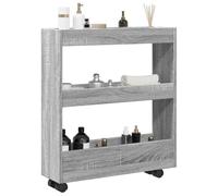 Ordellia Slim Storage Trolley Grey Sonoma Made of Wood Material with 3 Levels, 4 Wheels with Brakes, 60 x 18 x 70 cm, 60 kg Load Capacity, for Kitchen, Bathroom, Living Room and Storage Space