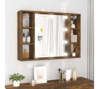 Ordellia Smoked Oak 76 x 15 x 55 cm USB 6 Compartment Wall Mounted Mirror Cabinet with LED Lighting for Bathroom Hallway and Makeup Storage