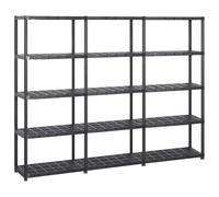 Ordellia Storage Shelving Unit with 5 Shelves, Black, Plastic, 213 x 38 x 170 cm, Set of 3 for Storage, Tidy, Storage Space, Workshop, Garage and Basement, 30 kg Load Capacity per Shelf, 3 Pieces