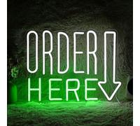 Order Here Neon Sign Cool White Green Letter Neon Light for Wall Decor Dimmable USB LED Light UP Words Sign for Restaurant Shop Bar Business Wall Decor (16.5x11.2inch)