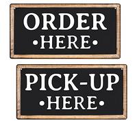 Order Here & Pick Up Here Sign Set - 2-Pack UV Resistant Aluminum Signs for Indoor Outdoor Use - Rustic Wood Look, Easy Hanging with Jute Rope, 6x12 Inch, Made in USA