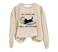 Order Placed Me 2024 Sweatshirts for Women UK Oversized Coffee Cat And Book Print Women's Hooded Sweatshirt Crew Neck Pullover Fun Christmas Lightning Deals of The Day (Khaki, M)