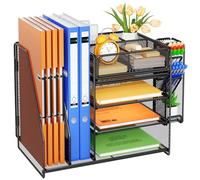 OrderlyGo Desk Organiser File Holder, 5-Tier Paper Letter Tray Organiser with Drawer, 4 Pen Holder, Mesh Desktop Storage with Magazine Holder for Office Supplies (Black)