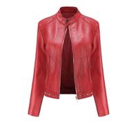 ORDOBO Women'S Leather Jacket - Studded Spring Autumn Leather Jacket Stand Collar Zipper Pocket Solid Color Windproof Long Sleeve Slim Fit Outerwear,Red,Xl