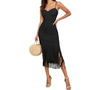 ORDOBO Women's Sleeveless Dress - Summer Sexy Spaghetti Strap Mid Length Tassel Dress Solid Color Slim Fit Sleeveless Backless Party Club Streetwear,Black,L
