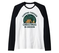 Oregon Camping Christmas Shirt Tent Fire Lights Holiday Raglan Baseball Tee