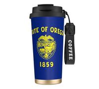 Oregon State Flag Print Travel Coffee Mug, Dual Use Lid & Straw, Portable Wrist Lanyard for Hiking Camping