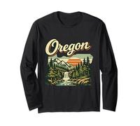 Oregon State Sunset Waterfall Mountain Forest Scene Long Sleeve T-Shirt