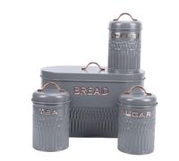 Oreilet Set of 4 Bread Box and Canister, Bread Storage Coffee Tea Sugar Tin Set, Metal Coffee Tea Sugar Storage Container with Airtight Lid, for Kitchen Countertop (Grey)