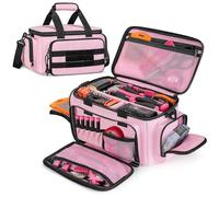 Oreilet Tool Bag, 14 Inch Large Tool Tote Organizer Storage Bag with Shoulder Strap, Portable Electrician Tool Bags Tool Box Organizer Case for Mechanic Repair Tools (Pink)